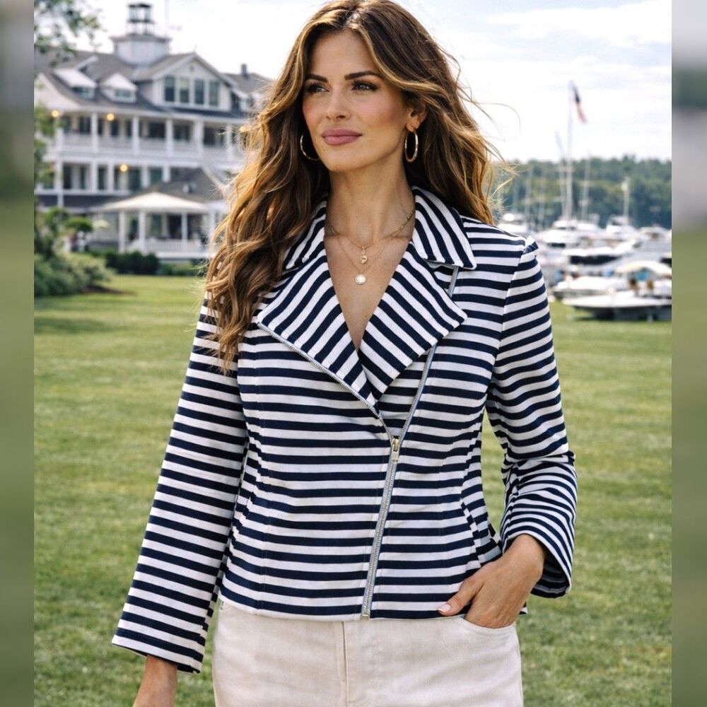 Lane Bryant 18 Coastal Asymmetrical Moto Jacket Navy White Stripe Crop Nautical